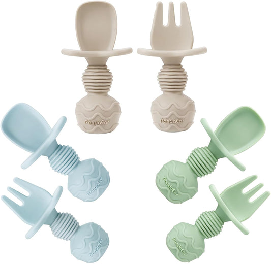 PandaEar 6 Pack Silicone Baby Spoons and Fork Feeding Set- Anti-Choke First Self Feeding Utensils for Baby Led Weaning Ages 3 Months (Blue, Green&Tan)