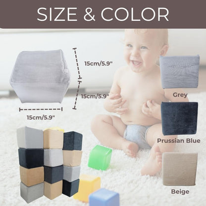 Wonder Space Plush Foam Blocks - Nursery Building & Stacking Toys for Toddlers Boys & Girls, Soft Smooth Velvet Cover, Early Education Gross Motor Skills & Brain Development (12 Cubes, Castle Rock)