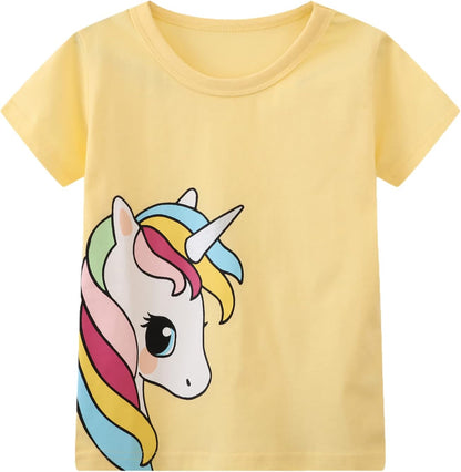 HILEELANG Girls' Tees Ruffle Short Sleeve T-Shirt Cotton Casual Graphic Summer Crewneck Tunic Tops