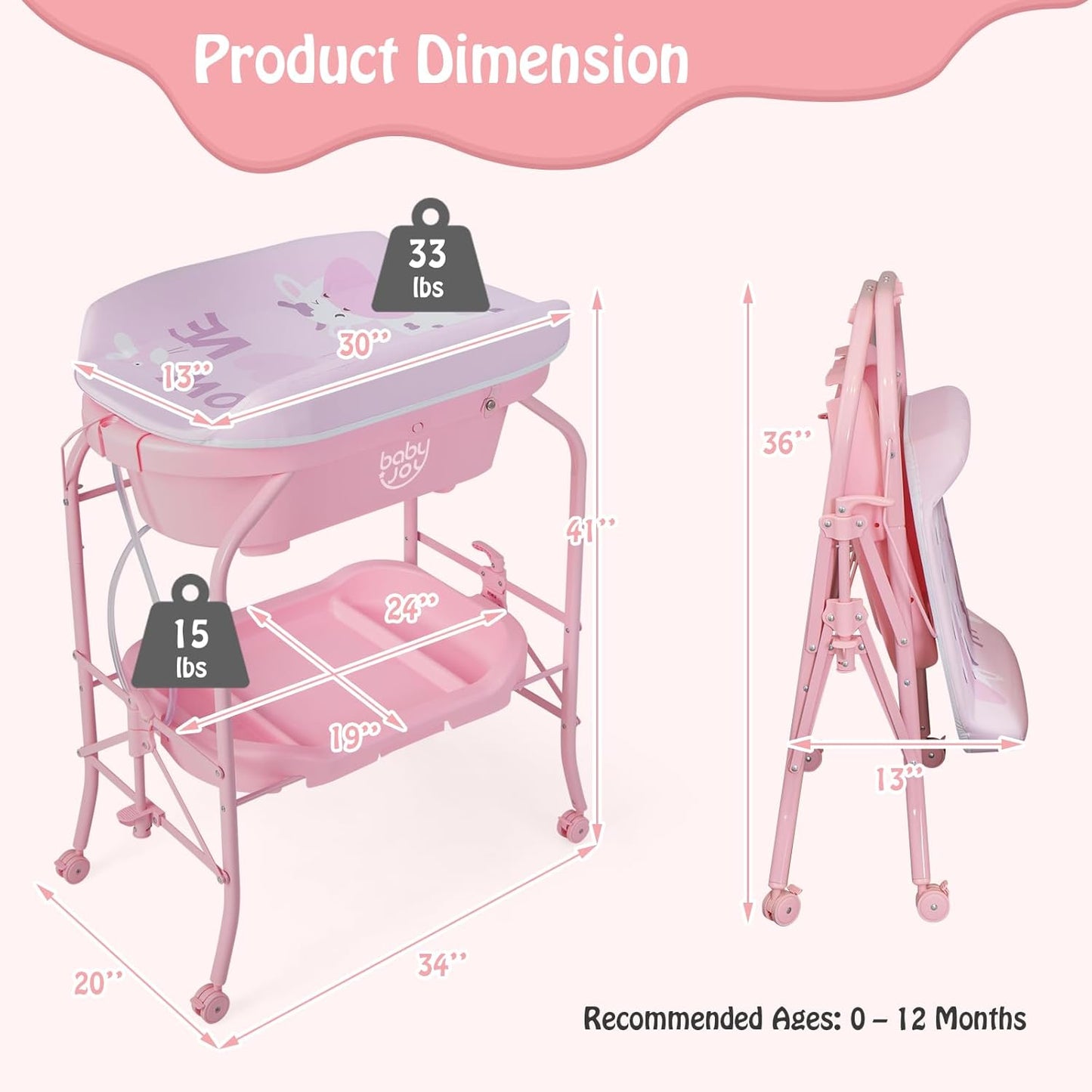 BABY JOY Baby Bathtub with Changing Table, Foldable Infant Diaper Changing Station with Storage