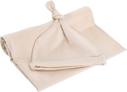iEvolve Cotton Knitted Baby Swaddle Blanket with Hat Headband Set Newborn Swaddle Wrap Receiving Blankets for Baby Girl Boy 35" x 35"(Beige)