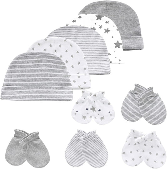 Baby Hat and Mittens Set Newborn Baby Hats Caps for Baby Boys Girls 0-6 Months 100% Cotton
