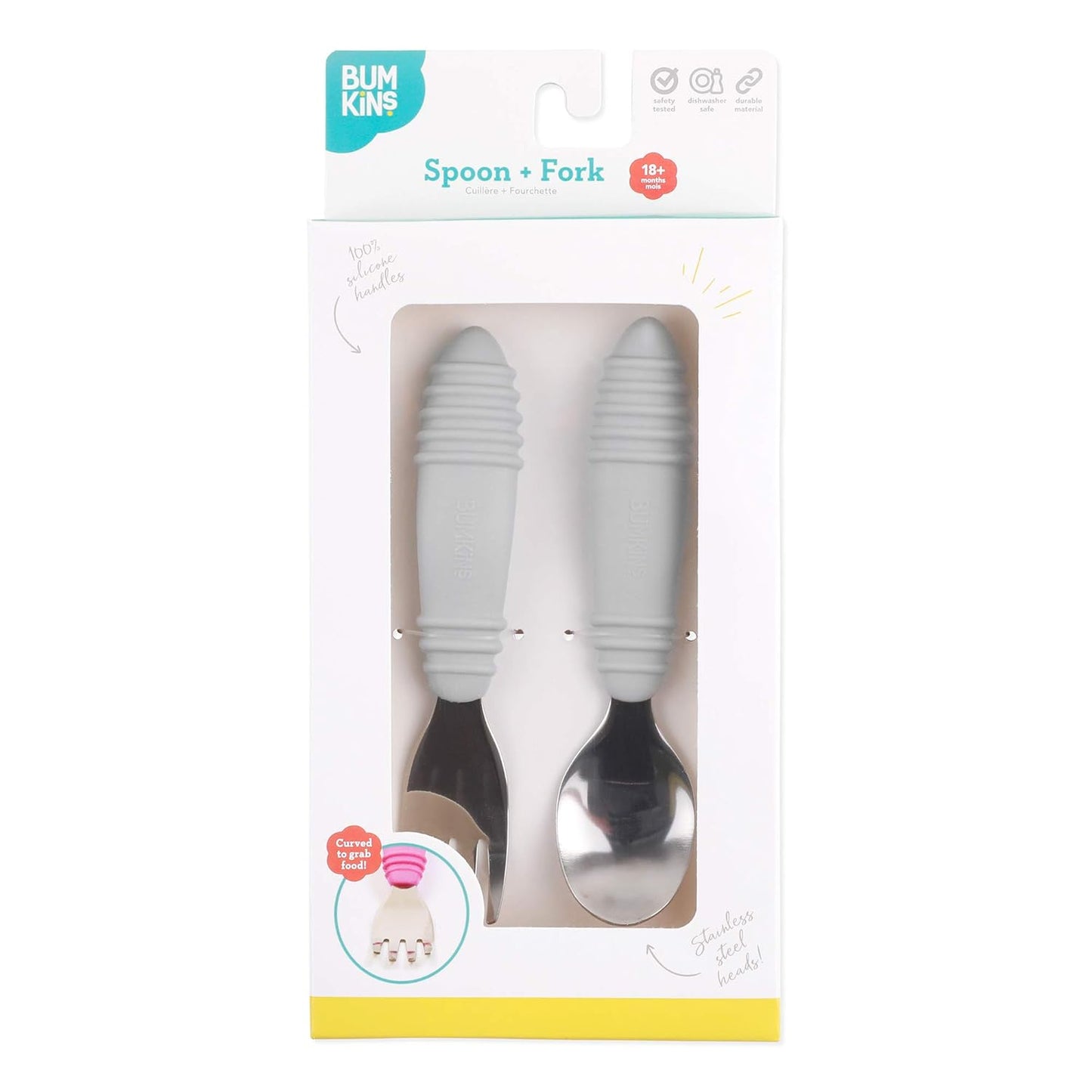 Bumkins Toddler Utensils, Kids Size Fork and Spoon Set, Silicone and Stainless-Steel Training Silverware, Angled Forks / Sporks for Self-Feeding, Children Hold Learning to Eat, 18 Months Up, Gray
