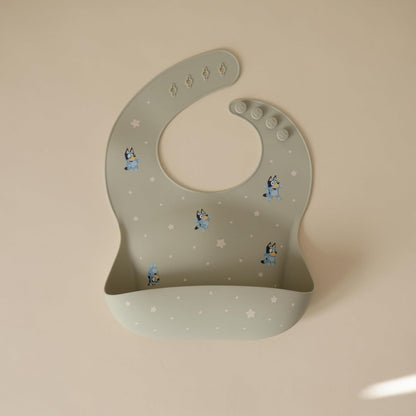 mushie x Bluey Silicone Baby Bib | Adjustable Fit Waterproof Bibs (Bluey Sage)