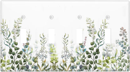 Green Eucalyptus Leaf Plant Herbs Springnature Light Switch Covers Quad Toggle Electrical Faceplate 4 Gang Wall Plate Decorative Switch Plates for Bed Room Living Room Decor