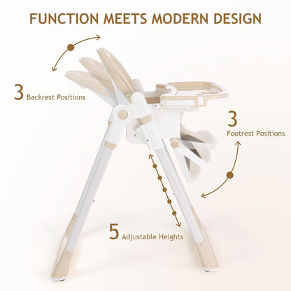3 in 1 Baby High Chair with Wheels, Adjustable 5 Point Harness, Tray, Foot Rest, Backrest and Seat