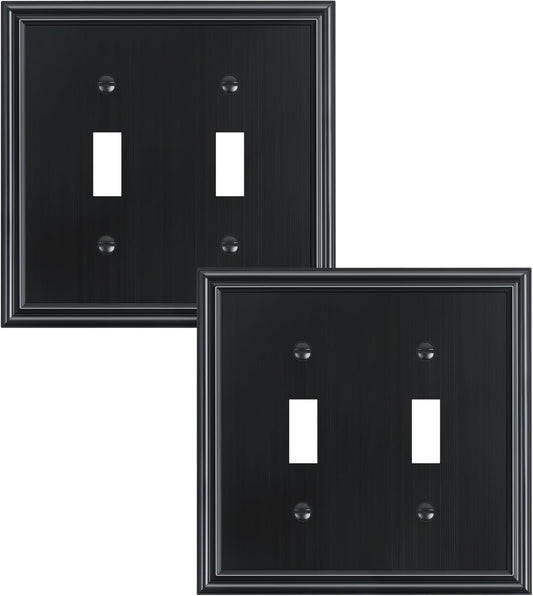2-Pack Double Toggle Light Switch Cover Plate, Durable Solid Zinc Alloy Decorative Dual Switch Plate Covers, Black 2 Gang Wall Plate, Corrosion Resistant