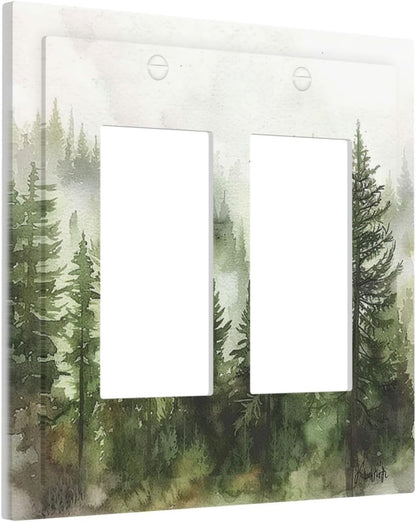 Decorative Outlet Covers Green Forest Watercolor Painting Foggy Pine 2 Gang Double GFCI Rocker Electrical Wall Panels Light Switch Cover Plate for Bedroom living Room Decor
