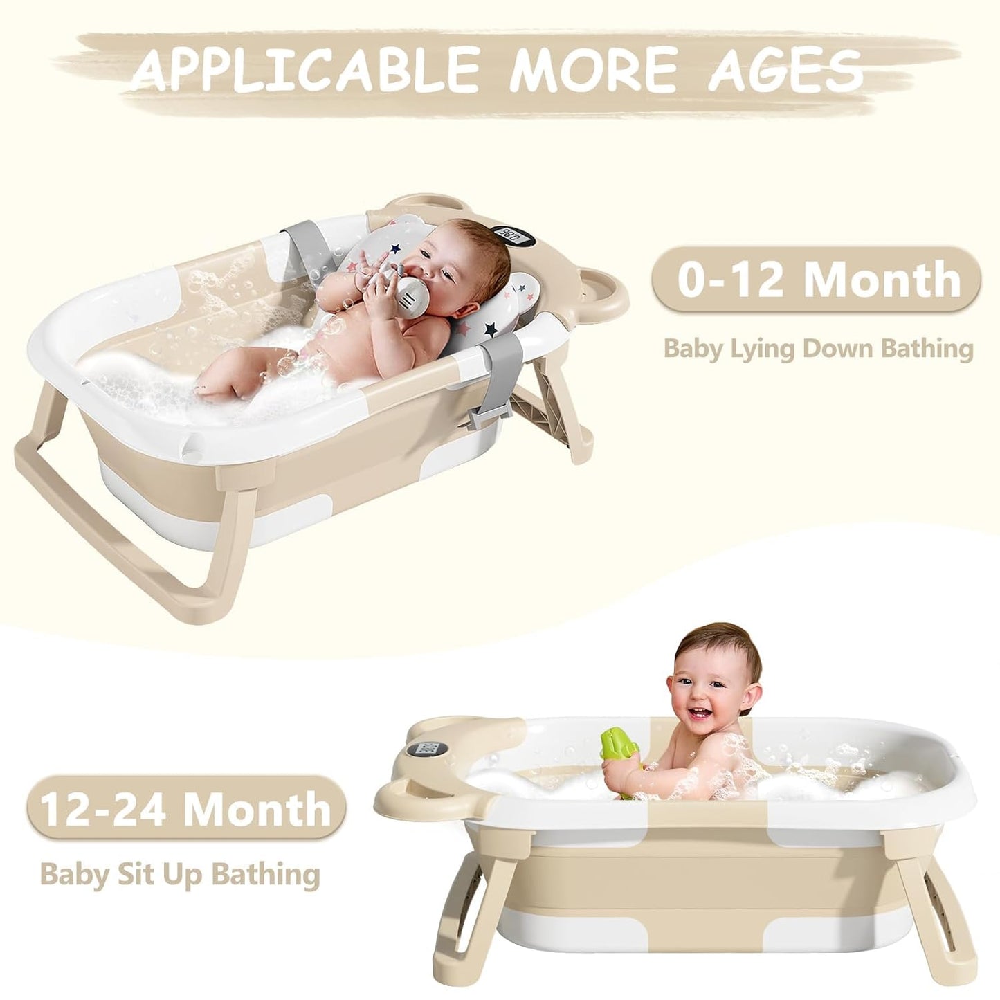 TPN Collapsible Baby Bathtub, Baby Bath Tub with Soft Cushion & Real-Time Thermometer, Baby Bathtub