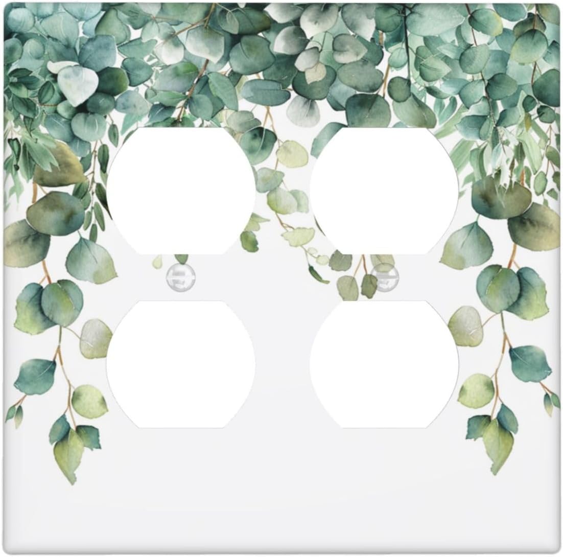 Decorative Outlet Covers Rustic Green Eucalyptus Leaves 2 Gang Wall Plate Cover Double Duplex Receptacle Two Switch Light Switch Cover Plate Jumbo Dual Faceplate for Country Home Decor