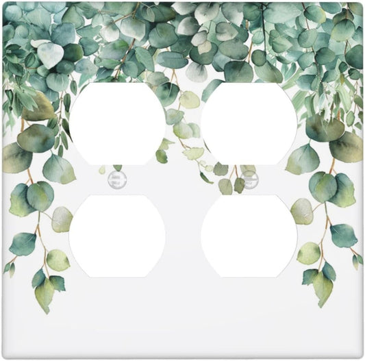 Decorative Outlet Covers Rustic Green Eucalyptus Leaves 2 Gang Wall Plate Cover Double Duplex Receptacle Two Switch Light Switch Cover Plate Jumbo Dual Faceplate for Country Home Decor