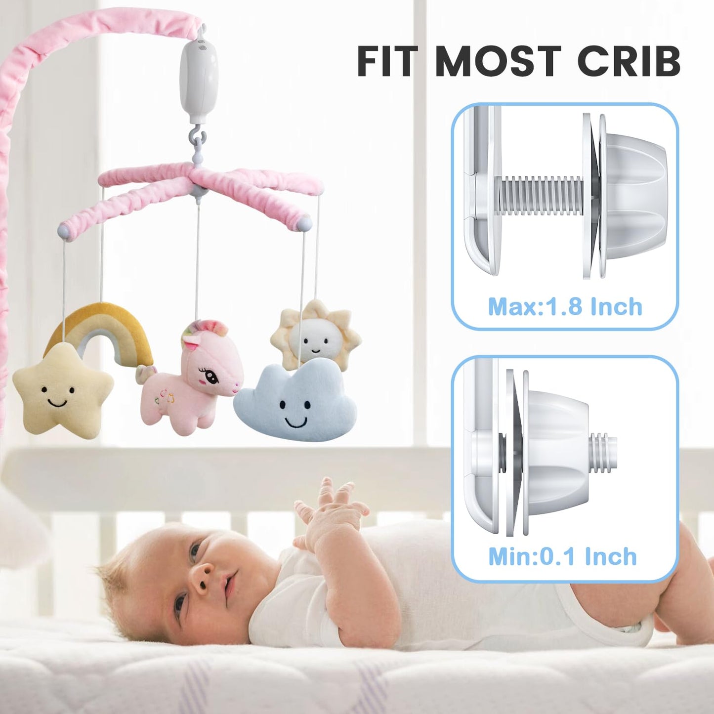Feisike Crib Mobile for Girls - Baby Mobile for Crib with 35 Lullabies, 3 Modes Digital Musical Box（Turn Only, Music Only, Turn & Music, Pink, Nursery Toys, Nursery Decor, Knob Type