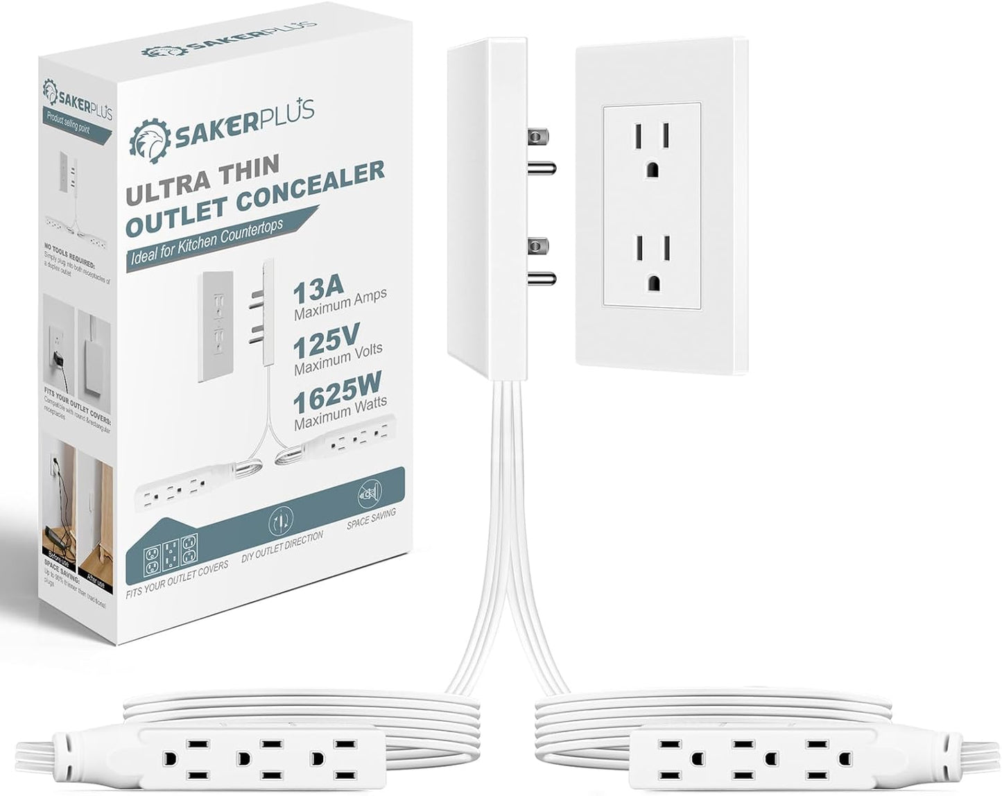 Outlet Concealer Power Strip-Outlet Cover Extender with 3AC Outlets-5ft Flat Plug Extension Cord,Universal Size,1625W for Kitchen, Home and Office,Child & Pet Safe(Dual 5 Foot)