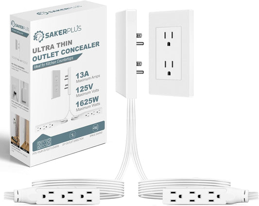 Outlet Concealer Power Strip-Outlet Cover Extender with 3AC Outlets-5ft Flat Plug Extension Cord,Universal Size,1625W for Kitchen, Home and Office,Child & Pet Safe(Dual 5 Foot)