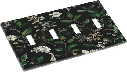 Decorative Switch Covers Plate Rustic Green Leaves White Flower 4 Gang Artistic Wall Plate Unique Quad Toggle Light Switch Plate Jumbo Faceplate for Country Bedroom Home Decor