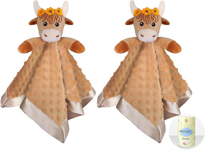 2 Pcs Loveys for Babies, Soft Baby Security Blanket Lovies for Babies, Stuffed Animals Blankie for Newborn Infant with Baby Snuggle Toy, Gilrs Gifts Highland Cow Security Blanket 16 Inch