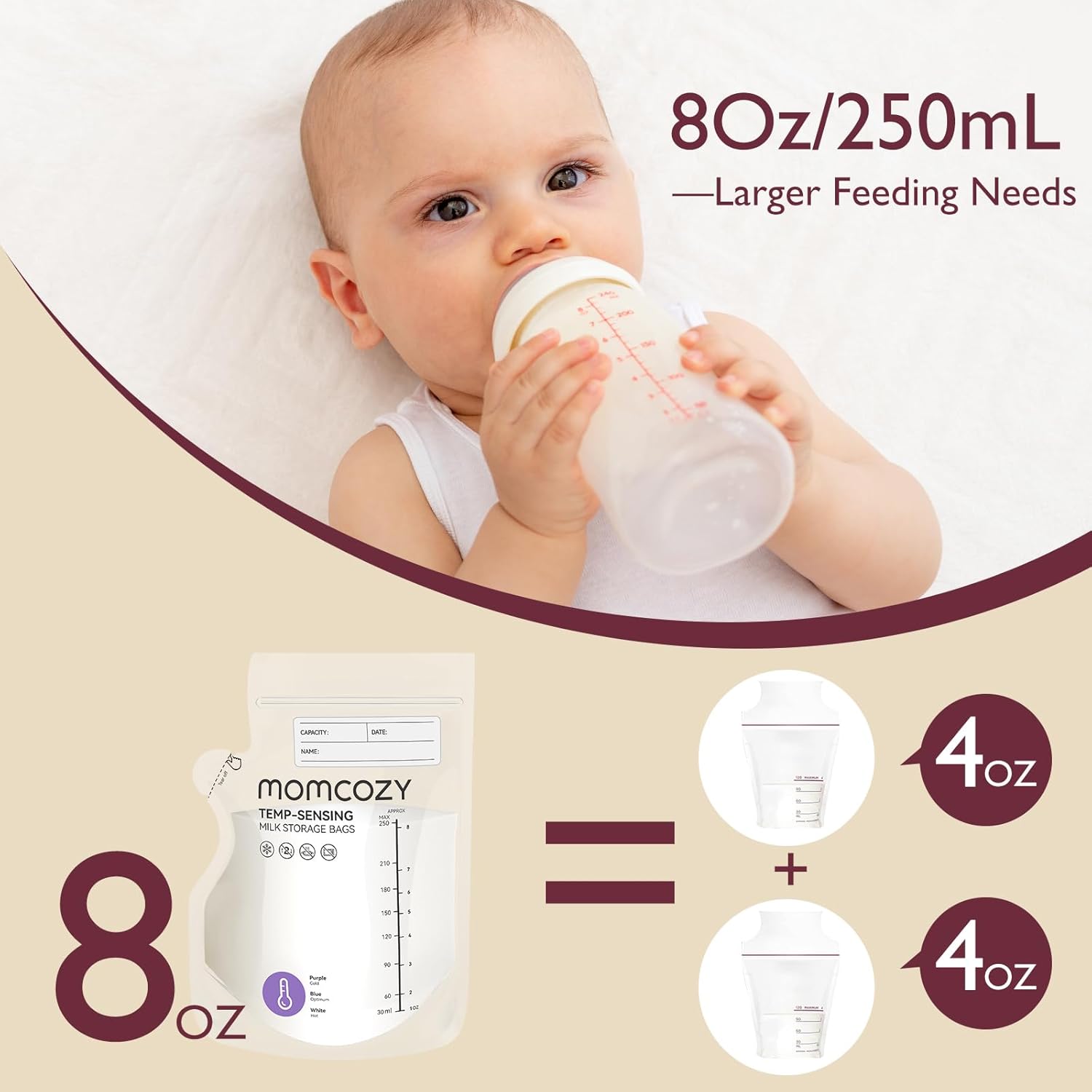 Momcozy Easy Pour Breastmilk Storage Bag, 8Oz, Temp-Sensing Color Change, 120 Count Milk Bag with