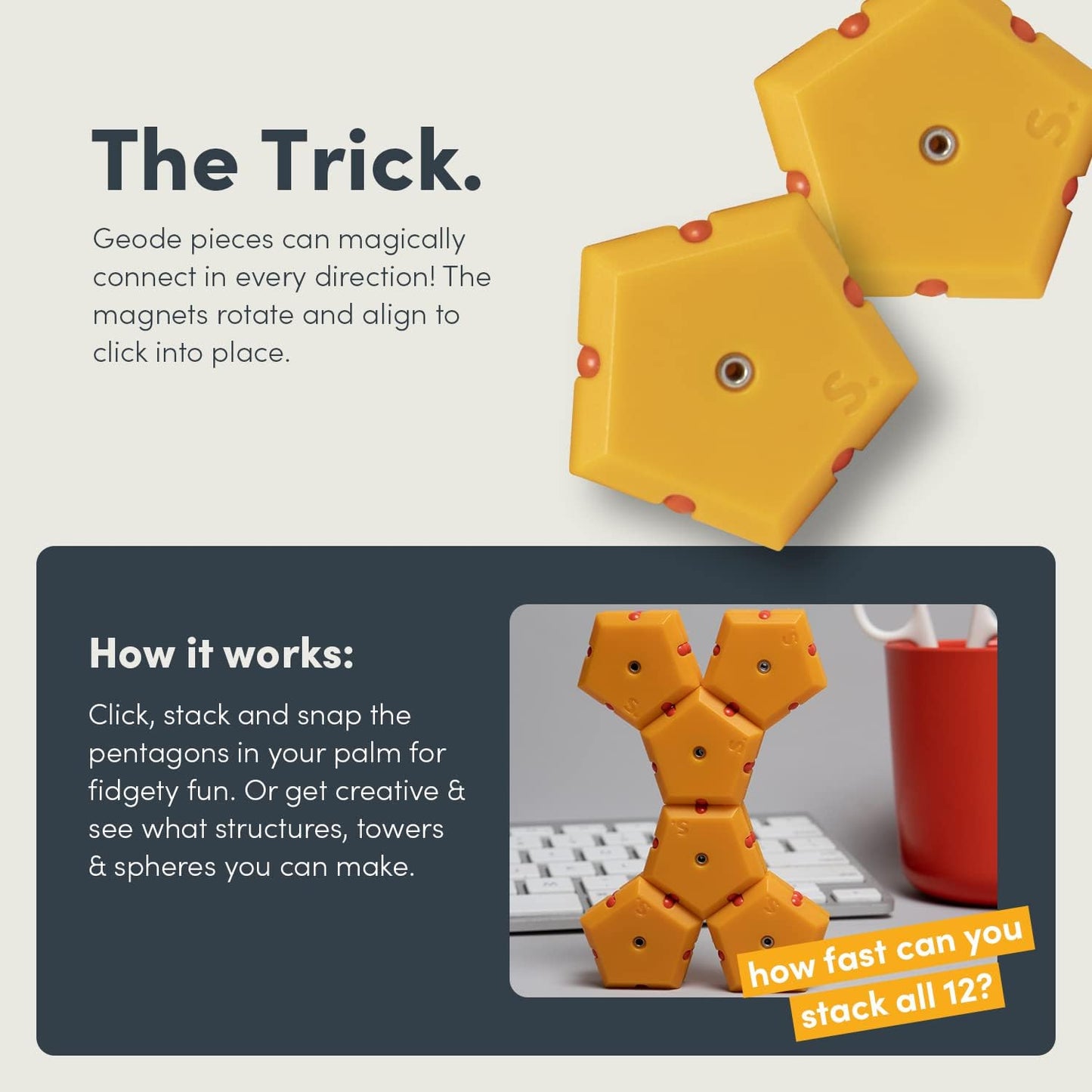 Speks Geode Matte Pentagons Magnetic Fidget Toy for Adults | Quiet Sensory Toy for Stress Relief & Anxiety, Office Desk Toy & Top Gadget Gift Idea | Solar Flare, 12-Piece Set