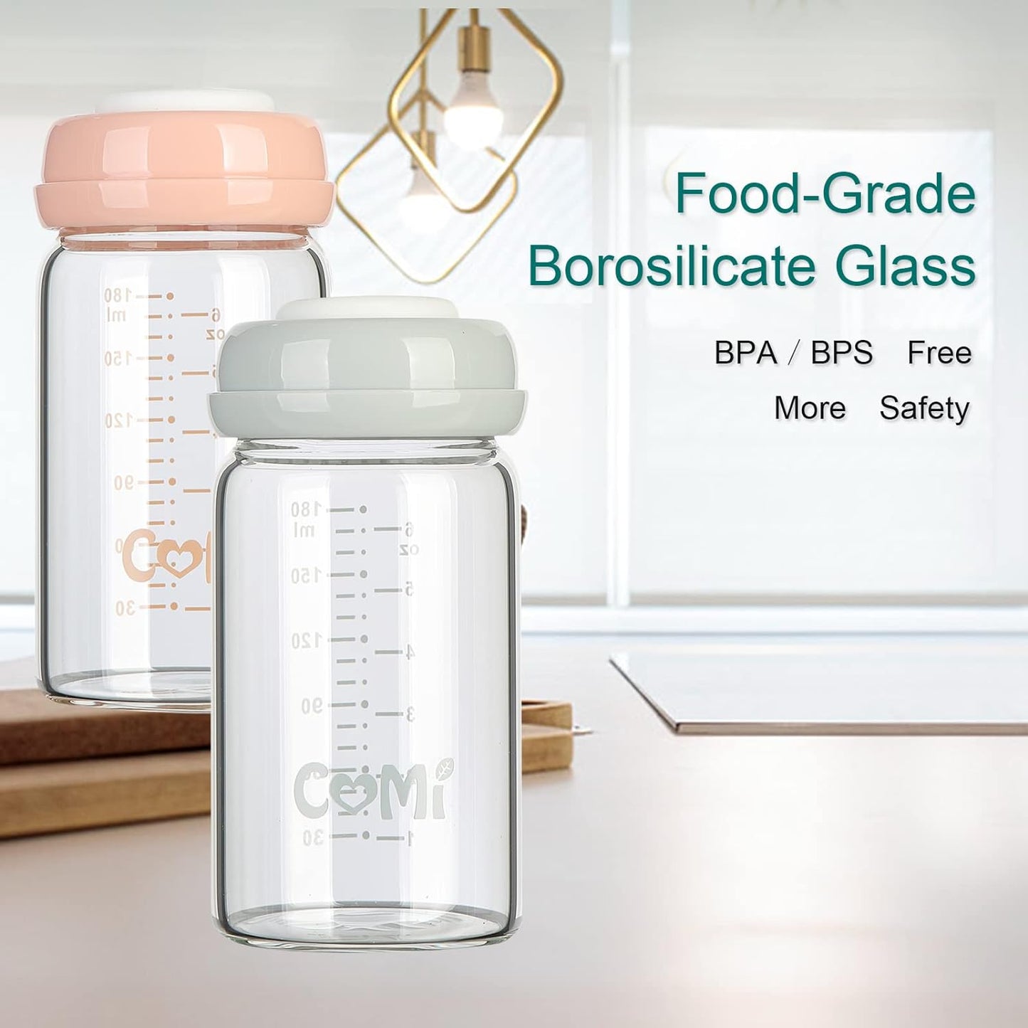 COMI Wide Neck Glass Breastmilk Collection n Storage Bottle, 4 Packs, 6oz with Screw Ring Sealing