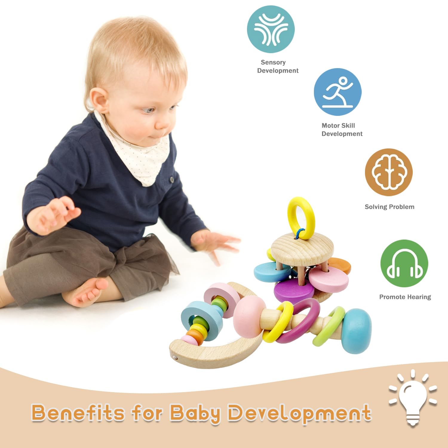Wooden Baby Rattle, Organic Colorful Baby Rattles Set, Toddler Hand Wooden Rattles Toy Set for