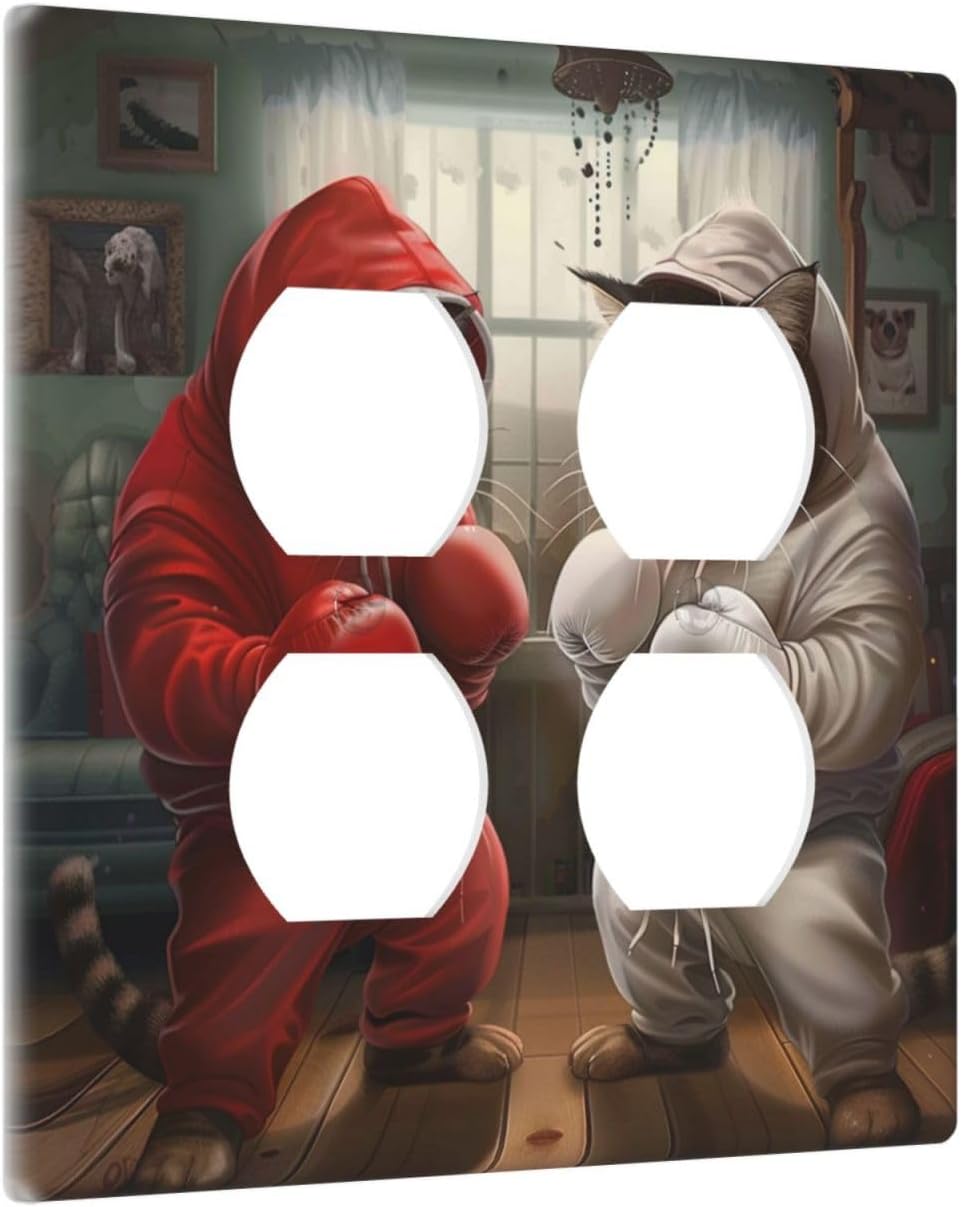 Decorative Outlet Covers Funny Red Boxing Cats White Tomcat 2 Gang Wall Plate Cover Double Duplex Receptacle Two Switch Light Switch Cover Plate Jumbo Dual Faceplate for Home Decor