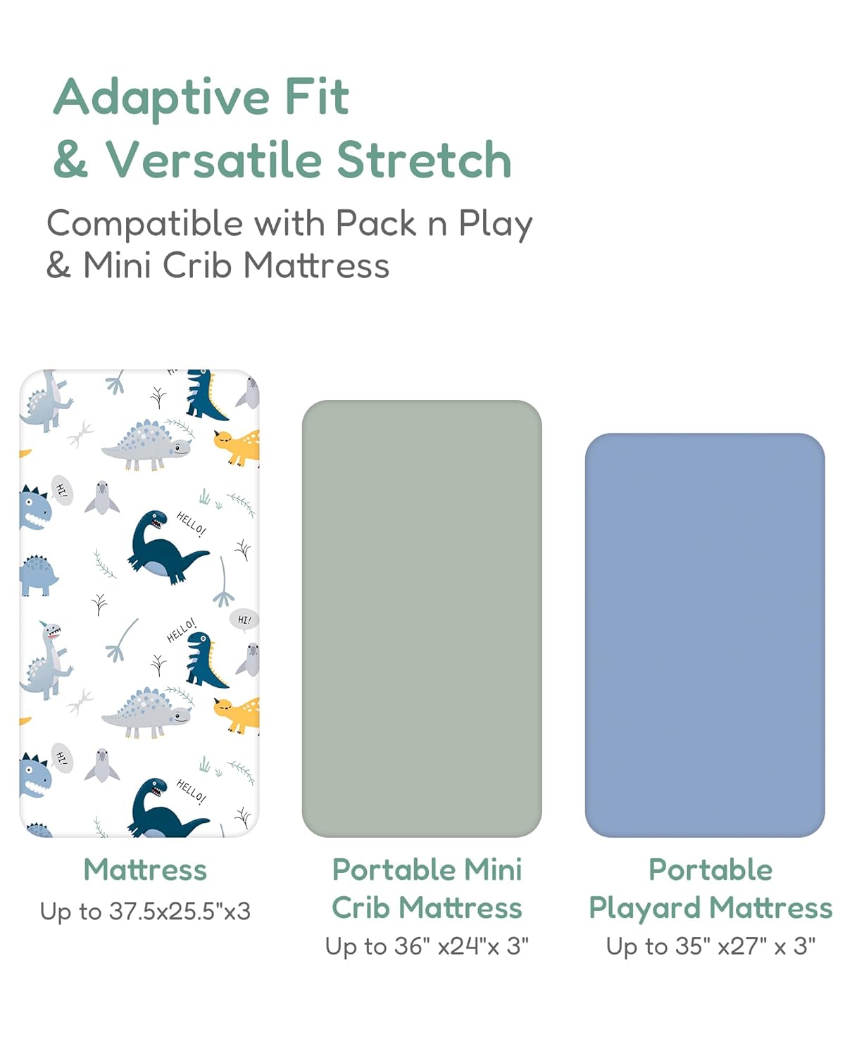 Pack and Play Sheets Fitted, Dino Animals Blue, Soft and Stretchy, Hypoallergenic and Safe, 2 Pack