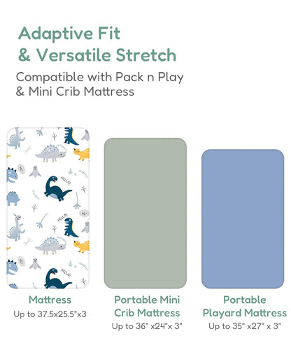 Pack and Play Sheets Fitted, Dino Animals Blue, Soft and Stretchy, Hypoallergenic and Safe, 2 Pack