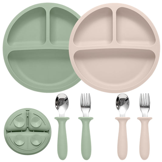 Eascrozn 2 Pack Silicone Baby Plates with Suction, Spoons and Forks Set
