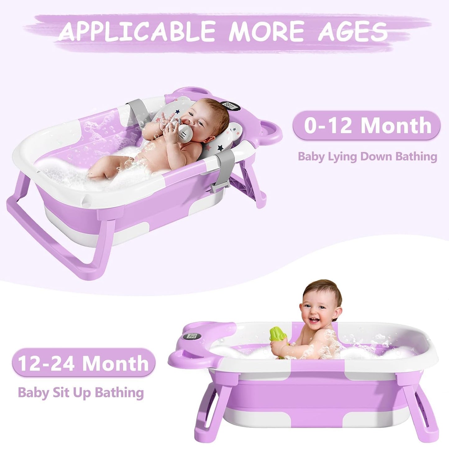 TPN Collapsible Baby Bathtub, Baby Bath Tub with Soft Cushion & Real-Time Thermometer, Baby Bathtub