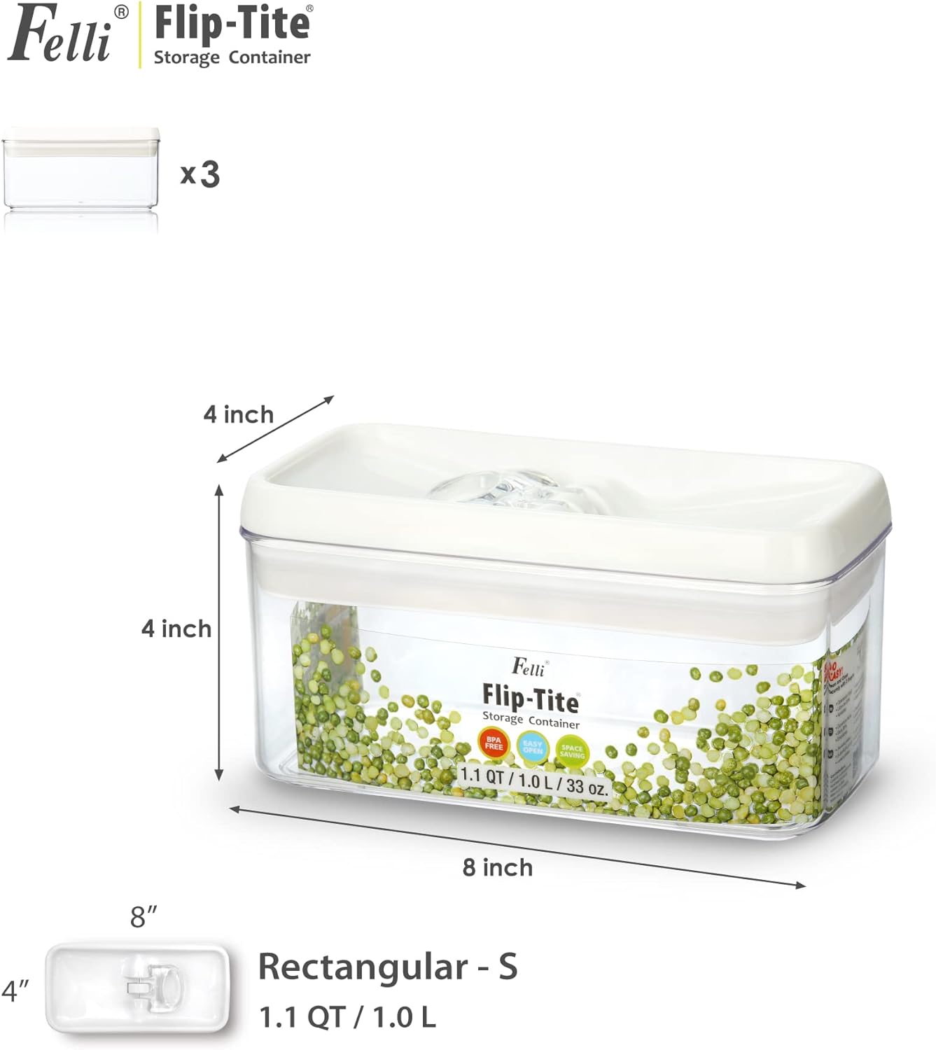 Felli Flip Tite Food Storage Container with Lid 4” RECTANGLE Airtight Ring Flip Lock Top, Stackable