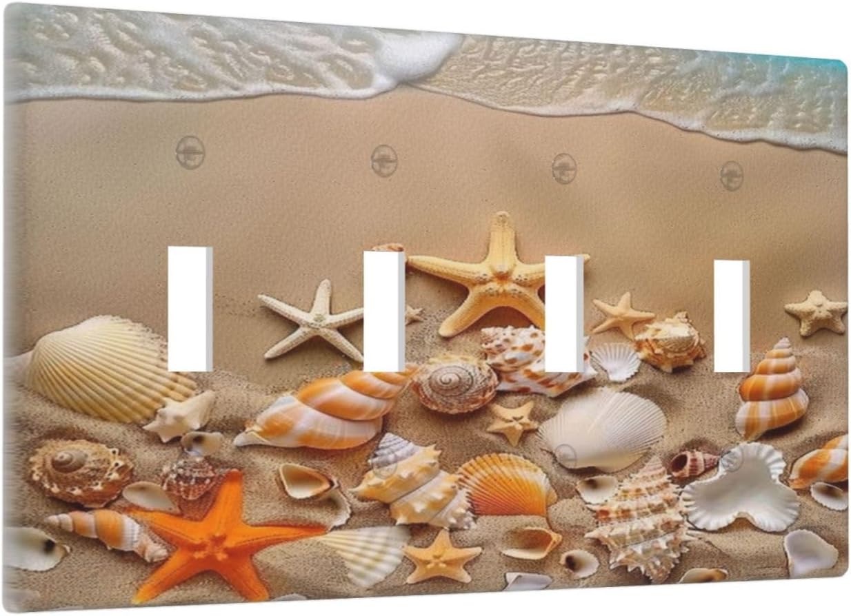 Decorative Switch Covers Plate Beachy Sea Ocean Seashell Starfish 4 Gang Artistic Wall Plate Unique Quad Toggle Light Switch Plate Jumbo Faceplate for Bathroom Bedroom Home Decor