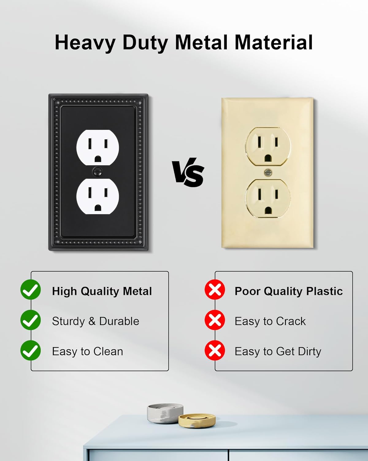 4-Pack Duplex Outlet Cover, Black Metal Wall Plates for Electrical Outlets, 1 Gang Receptacle Light