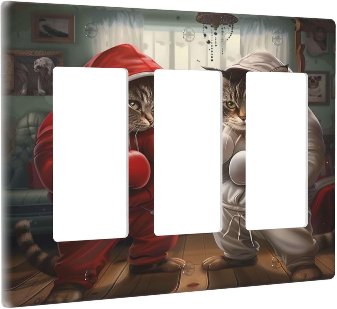 Decorative Outlet Covers Funny Red Boxing Cats White Tomcat 3 Gang Wall Plate Triple Rocker Light Switch Cover Plate Jumbo Electrical GFCI Faceplate for Bedroom Home Decor