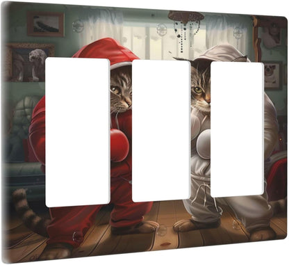 Decorative Outlet Covers Funny Red Boxing Cats White Tomcat 3 Gang Wall Plate Triple Rocker Light Switch Cover Plate Jumbo Electrical GFCI Faceplate for Bedroom Home Decor