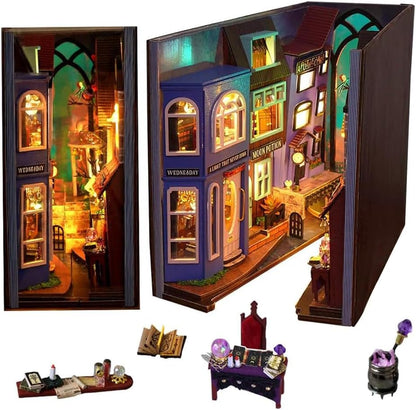 WYD DIY Bookstand Kit British Magic House Street View Architectural Model Handmade Desk Insert Decoration Wooden Mini Doll House Youth and Adult Best Gift
