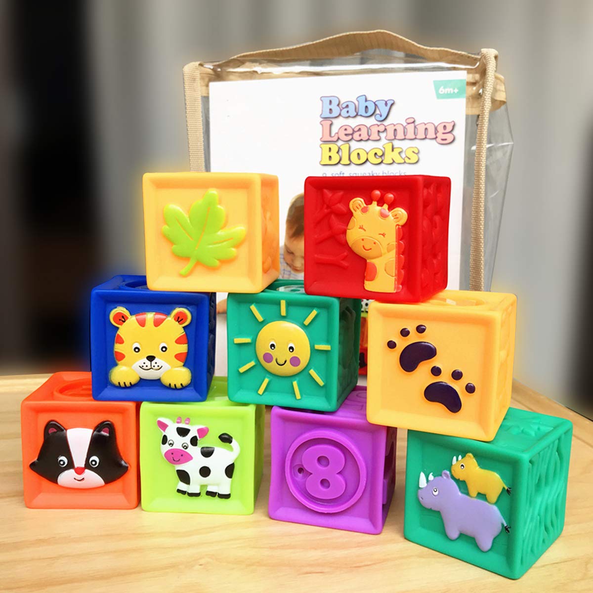 Kingtree Baby Blocks, 9PCS Soft Squeeze Building Blocks Stacking Toys for 6+ Months Babies, Baby