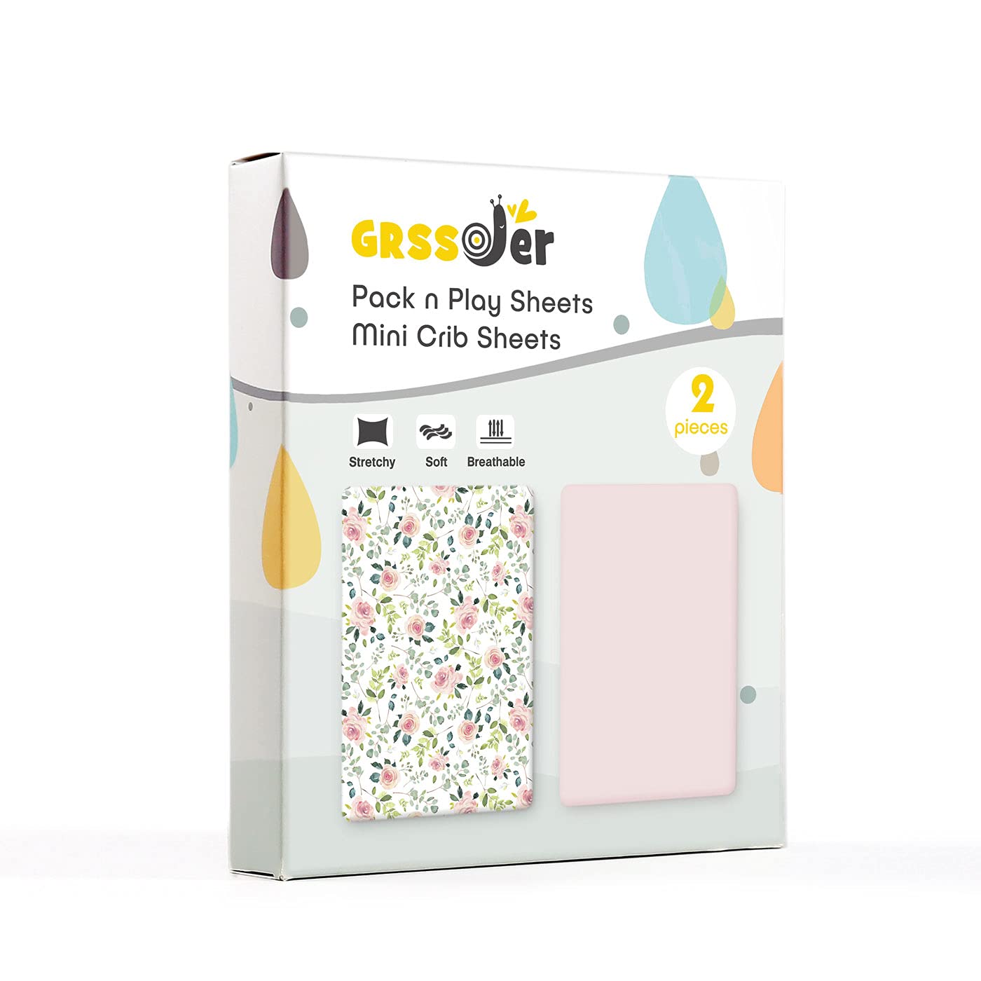 GRSSDER Stretchy Ultra Soft Jersey Knit Fitted Pack n Play Sheets Set 2 Pack, Portable/Mini Crib