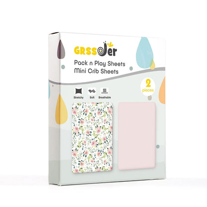 GRSSDER Stretchy Ultra Soft Jersey Knit Fitted Pack n Play Sheets Set 2 Pack, Portable/Mini Crib