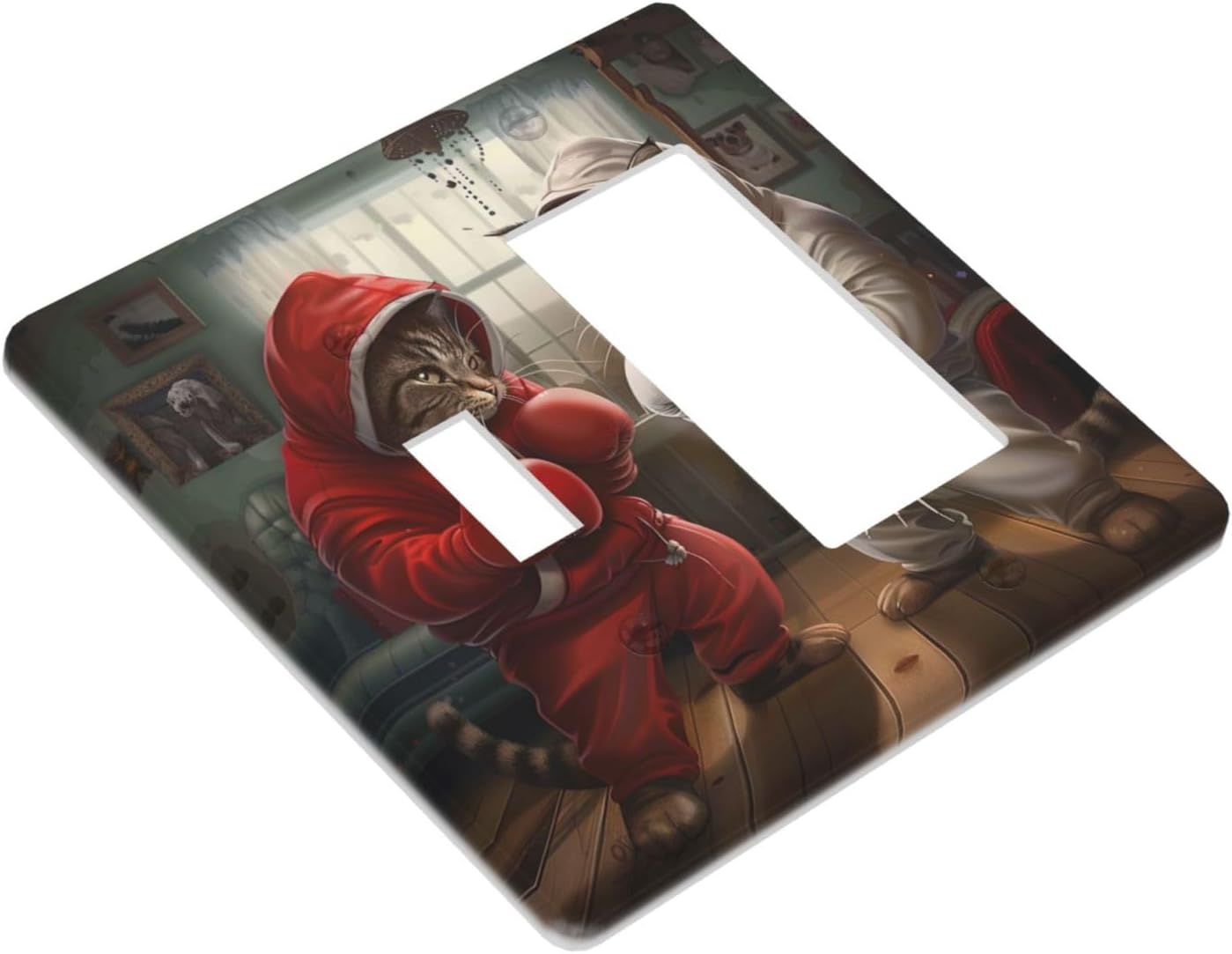 Decorative Outlet Covers Funny Red Boxing Cats White Tomcat 2 Gang 1 Gang Wall Plate Cover Single Toggle Rocker Combo Light Switch Cover Plate Face Plate for Bedroom Home Decor