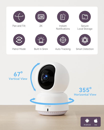 Baby/Pet Monitor for Indoor Security, Monitoring with Smart Phone app, 2K QHD Resolution, Auto Tracking/Motion Dection, 2-Way Audio Talk, Night Vision, Pan-Tilt Camera
