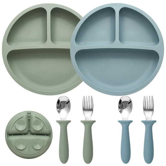 Eascrozn 2 Pack Silicone Suction Plates for Baby, Spoons and Forks Set