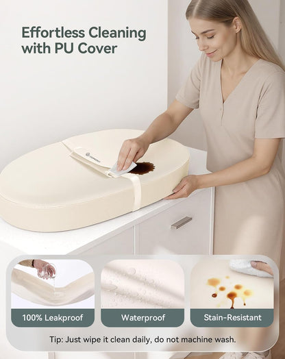 COMOMY Baby Changing Pad with Wipeable & Waterproof PU Cover, Contoured Diaper Changing Pad for Dresser with Non-Slip Safety Belt, Portable and Lightweight, Large Cushioned Foam, Beige