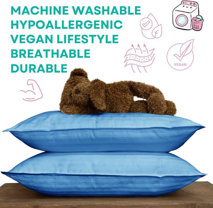 kinder Fluff Children Pillows (2X) - The Only Twin Pillows for Kids 300T Cotton Shell & Down Alternative Fill - Ideal for Travel, Bedding Set & Floor Cushions (16x24in - Blue)