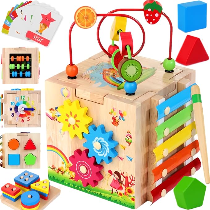 8-in-1 Wooden Baby Activity Cube, Montessori Toys for Toddler 1+ Year Old