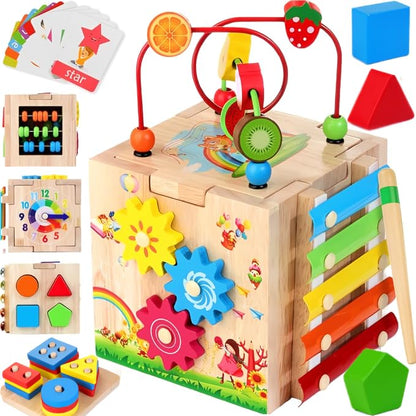 8-in-1 Wooden Baby Activity Cube, Montessori Toys for Toddler 1+ Year Old