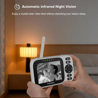 HelloBaby 3.2'' Baby Monitor 4 Cameras, Video Audio Baby Monitor No WiFi, Remote Pan-Tilt-Zoom, ECO, Night Vision, 2-Way Talk, 1000ft Range, 8 Lullabies and Temperature, Gifts for Parents and Babies