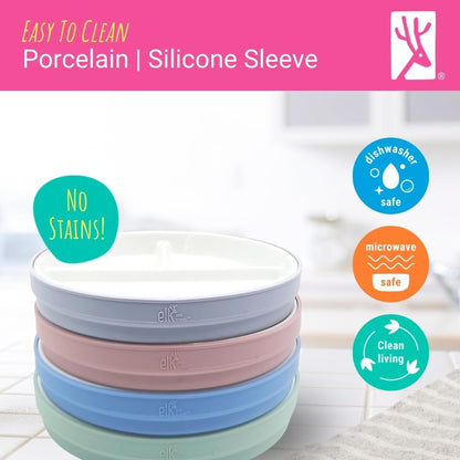 Elk and Friends Kids 7.8” Porcelain White Plates with Silicone Sleeves | Divided Plates | Suitable for Kids/Toddlers | Microwave & Dishwasher Safe | Non Slip | Snack Dishes