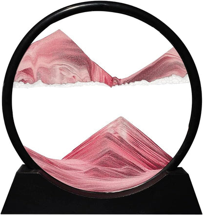 Aoderun Moving Sand Art Picture Round Glass 3D Deep Sea Sandscape in Motion Display Flowing Sand Frame Relaxing Desktop Home Office Work Decor (7", Pink)