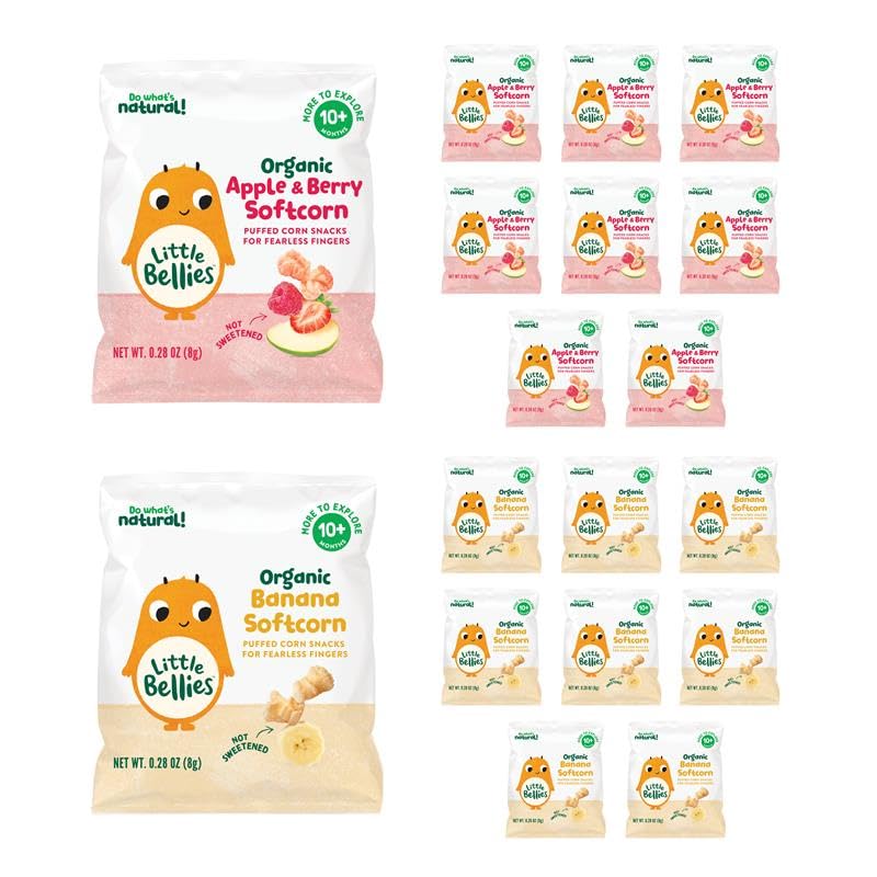 Little Bellies Organic Softcorn Variety Pack, Apple & Berry and Banana (Pack of 18 x 0.28 oz