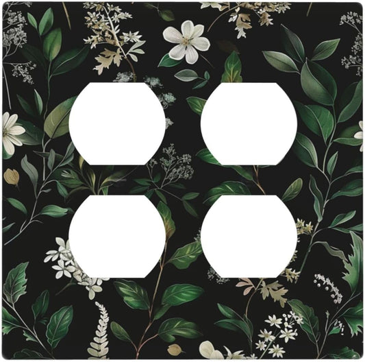 Decorative Outlet Covers Rustic Green Leaves White Flower 2 Gang Wall Plate Cover Double Duplex Receptacle Two Switch Light Switch Cover Plate Jumbo Dual Faceplate for Home Decor
